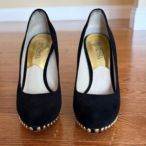 MICHAEL Michael Kors Black Suede Pumps with Gold Stud Accents